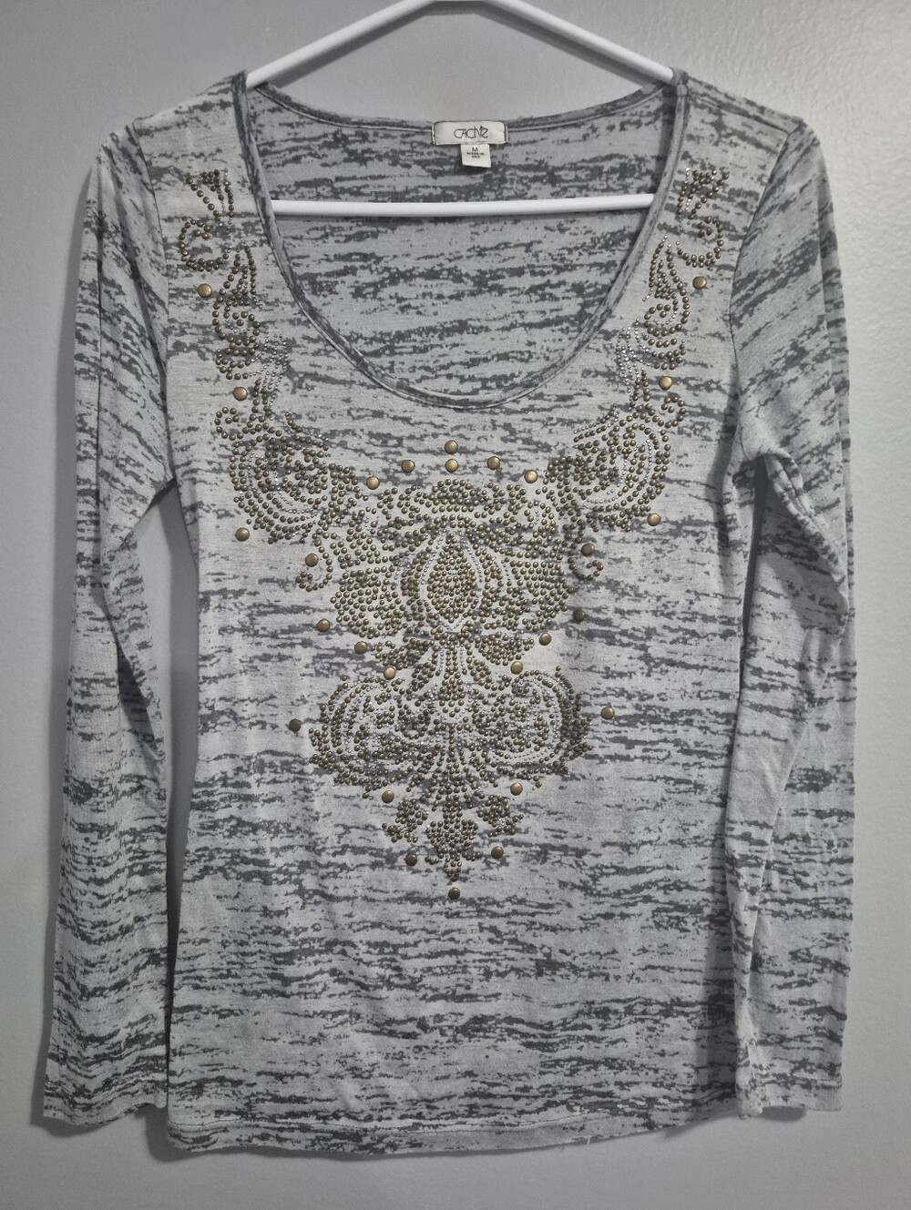 Cache Scoop Neck Long Sleeve Top with Gold Stud Embellishment Size Medium